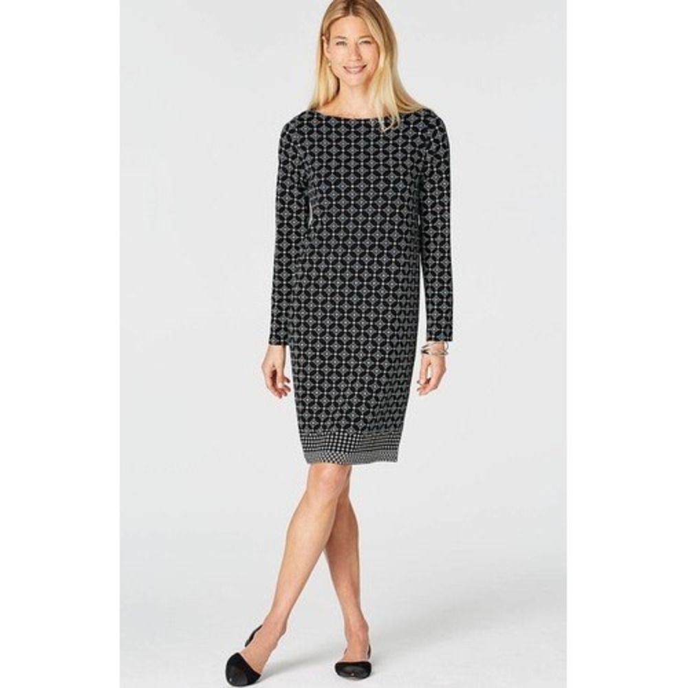 J. Jill Wearever Black Geometric Diamond Print Shift Dress Petite Small